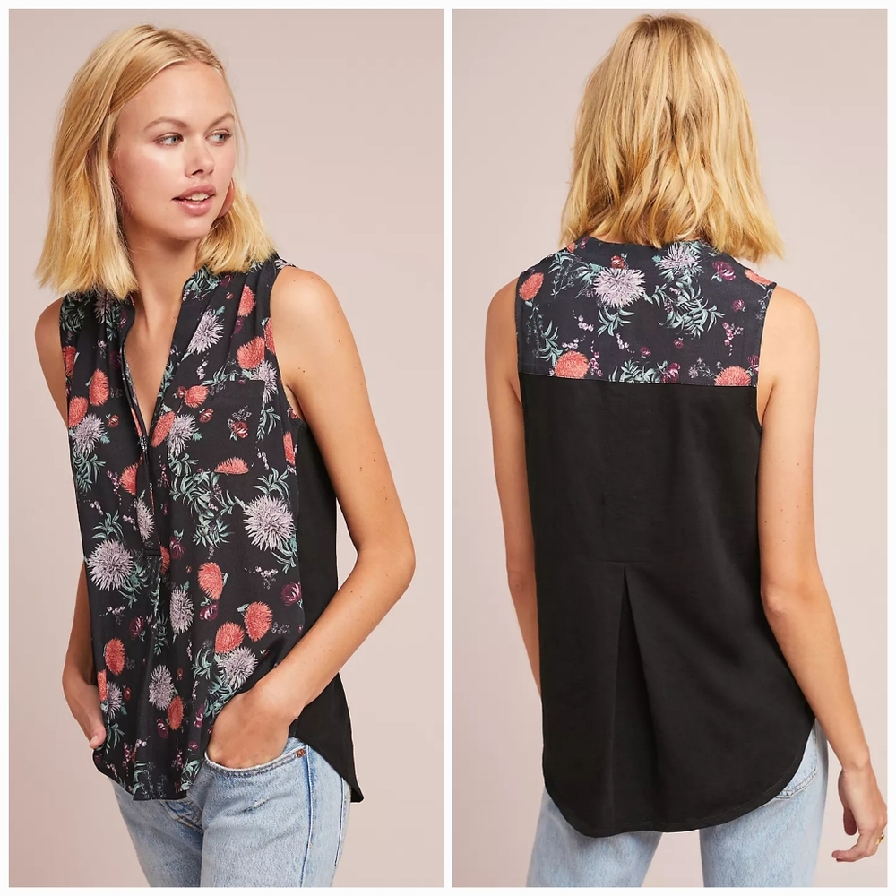 NWT Anthropologie Black Floral Mixed Media Flowy Blouse
